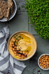 Traditional homemade chickpea hummus with olive oil