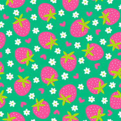 Cute hand drawn strawberry, flower and little heart seamless pattern background.