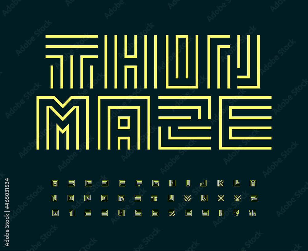 Aufkleber Font labyrinth of lines, linear maze or computer chip alphabet. Minimalist typography for digital headline, hud typographic design, architecture logo and monogram. Vector abstract letters and numbers