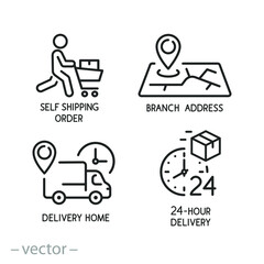 delivery icon set, store pickup, fast order at home, branch address, 24 hours or around the clock, symbols for website or app, self shipping, thin line symbol - editable stroke vector illustration © Yurii