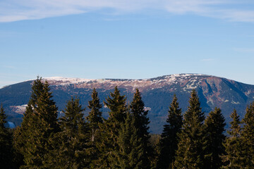 Landscape of Krkonose mountain range in Czech republic in autumn on a sunny autumn day