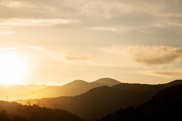 Beautiful golden sunset on the mountains. Autumn landscape.
