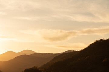 Beautiful golden sunset on the mountains. Autumn landscape.