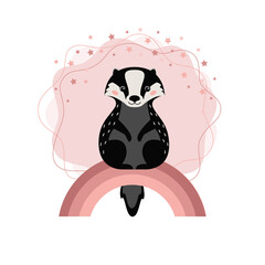 Cute badger is siting on the peach rainbow with the stars and cloud on background. Cildren`s vector illustration in flat stile.