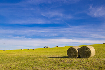 bales of straw on a field against a blue sky with clouds