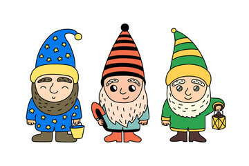 Little gnomes. Hand drawn garden gnome sketch. Cartoon vector illustration. Cute dwarfs characters with bucket, lantern, shovel