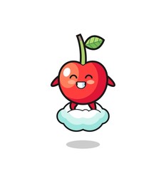 cute cherry illustration riding a floating cloud
