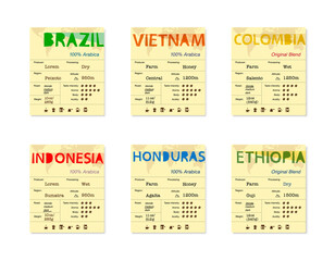 Set of vintage coffee labels with the logo of different countries. Finished design. Vector illustration, isolated on white background. EPS10.