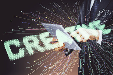 Double exposure of man's hands holding and using a mobile device and creative hologram drawing.