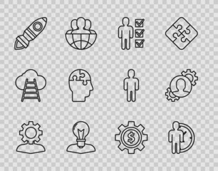 Set line Human with gear inside, Time Management, User of business suit, head lamp bulb, Rocket ship fire, puzzles strategy, Gear dollar symbol and icon. Vector