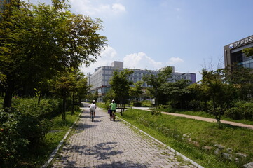 마을의 거리 풍경과 자전거 길이 있습니다.