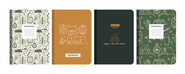 Vector illustartion templates cover pages for notebooks, planners, brochures, books, catalogs. Backgrounds with traveling symbols ans signs.