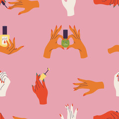 Fototapeta premium Vector illustration set of hands gestures with colored nails. Beauty and fashion concept. Seanless pattern.