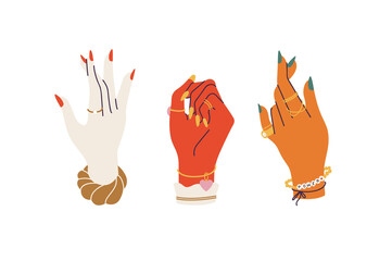 Vector illustration female manicured hands with different modern jewelry and accessories. Fashion and beauty concept.