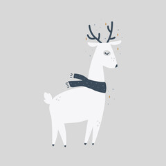 Cute Christmas deer. Vector print in scandinavian style. Hand drawn vector illustration for posters, cards, t-shirts