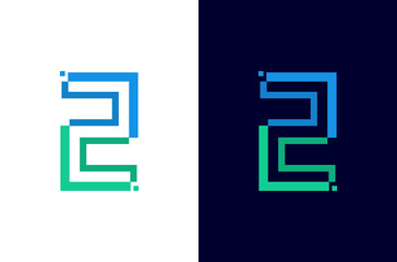 Number 2 digital logo design with pixel icon for technology template or element