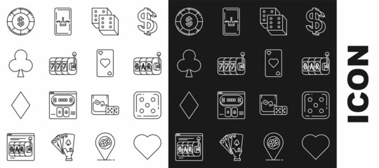 Set line Playing card with heart symbol, Game dice, Slot machine, lucky sevens jackpot, clubs, Casino chip dollar and icon. Vector