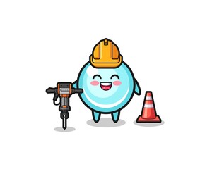 road worker mascot of bubble holding drill machine