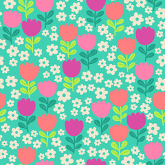 Colorful cute hand drawn floral seamless pattern background.
