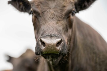 Beef cows and calves grazing on grass in Australia. Eating hay and silage. breeds include speckle...
