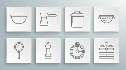 Set line Frying pan, Coffee turk, Pepper, Kitchen timer, Salt and pepper, Cooking pot, colander and Bowl icon. Vector