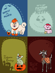 Vector Happy Halloween - dog in monsters costumes, Halloween party. Illustration, banner, post