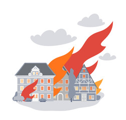 Fire in residential areas. Illustration of fire and burning houses, accident, disaster. Natural and man-made fires, loss of housing, disaster. Sad and terrible events and news. Vector illustration.