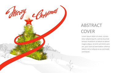 Horizontal banner - congratulations with the inscription "Merry Christmass". A young Christmas tree with sparkling lights and a star in the snow on a forest background. Vector illustration.