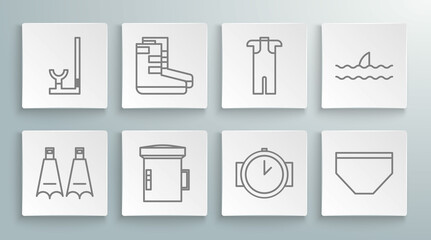 Set line Rubber flippers for swimming, Boots, Big flashlight diver, Diving watch, Swimming trunks, Wetsuit scuba diving, Shark fin ocean wave and Snorkel icon. Vector © Oksana