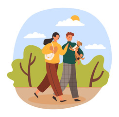 Couple pet owners concept. Man and woman hold small dog and walk with it in park. Love for animals. People spend time with puppy. Characters take care of pet. Cartoon flat vector illustration