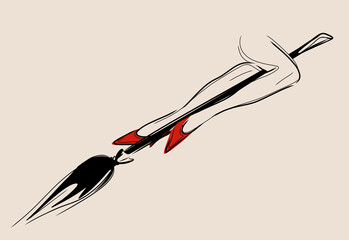 Original fashion illustration of halloween slender witch legs with broom. Woman fashion model logo design template.