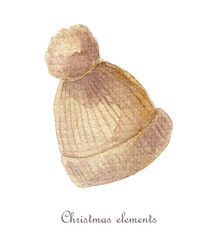 Knitted hat with pompom handpainted. Watercolor illustration isolated on white background.