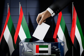 Emirates flags, hand dropping ballot card into a box - voting, election concept - 3D illustration