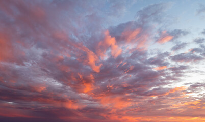 Panorama of Dramatic vibrant color with beautiful cloud of sunrise and sunset. Panoramic image.