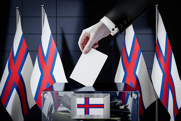 Faroe Islands flags, hand dropping ballot card into a box - voting, election concept - 3D illustration