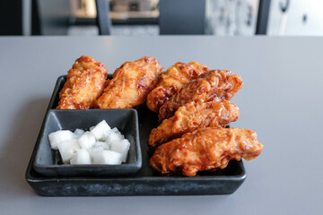 Korean style fried chicken in the restaurant.