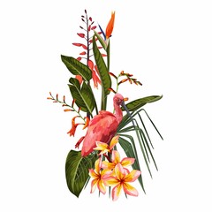 Tropical Invitation, floral invite thank you, rsvp modern card Design. Tropical bouquet with exotic tropical rainforest Scarlet Ibis bird and green  leaves, palms and flowers. - obrazy, fototapety, plakaty