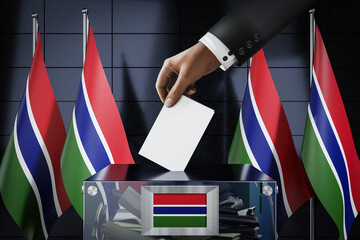 Gambia flags, hand dropping ballot card into a box - voting, election concept - 3D illustration