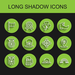 Set line Street signboard with four leaf clover, Wooden beer mug, National Ireland flag, Leprechaun hat, Rainbow, Location and Celtic cross icon. Vector