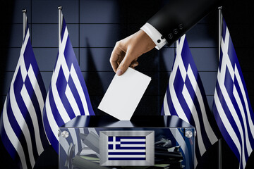 Greece flags, hand dropping ballot card into a box - voting, election concept - 3D illustration