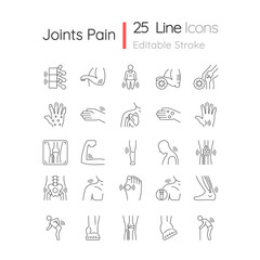 Joints pain linear icons set. Rheumatic diseases. Arthritis development. Muscles inflammation. Customizable thin line contour symbols. Isolated vector outline illustrations. Editable stroke
