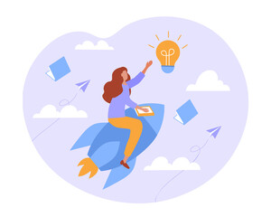 Student flying on rocket concept. Woman comes up with new ideas and strives for success. Young girl gets knowledge and develops skills. Cartoon flat vector illustration isolated on white background