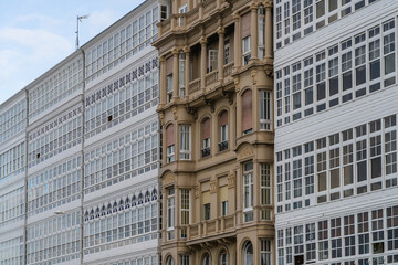 Fototapeta na wymiar Typical glazed buildings of the city of A Coruna, in Galicia, Spain 