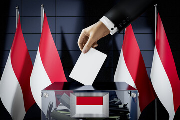 Indonesia flags, hand dropping ballot card into a box - voting, election concept - 3D illustration