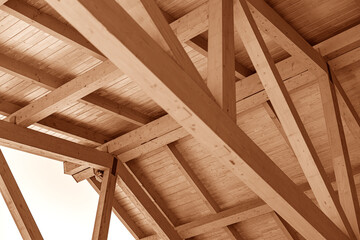 Wooden roof structure for a house, wooden house construction.