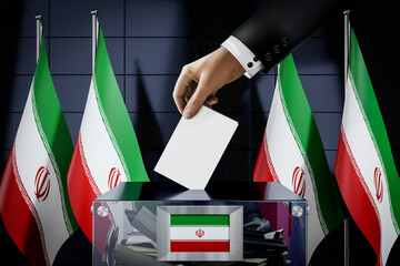 Iran flags, hand dropping ballot card into a box - voting, election concept - 3D illustration