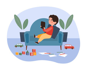 Boy use tablet concept. Child indifferent to toys. Character lying on couch and playing digital games on modern device. Technology development. Cartoon flat vector illustration on white background