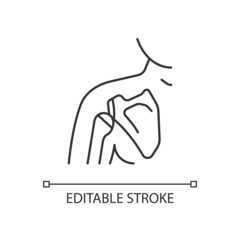 Joint dislocation linear icon. Dislocated shoulder. Muscles weakening. Humerus trauma. Thin line customizable illustration. Contour symbol. Vector isolated outline drawing. Editable stroke