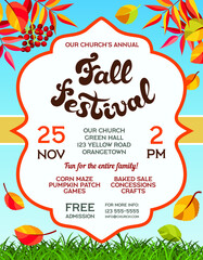 Fall festival announcing poster template with creative lettering and autumn leaves falling to green grass. Invitation with customized text for seasonal craft show or annual celebration. - 465038973