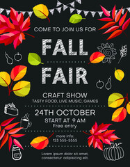 Fall fair announcing poster template with food icons and colorful leaves. Invitation with customized text for seasonal craft show or market flyer. - 465038974